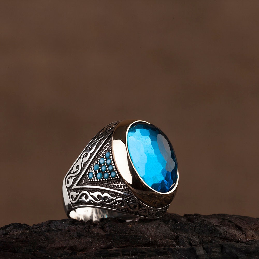 Engraved Blue Zircon Silver Ring