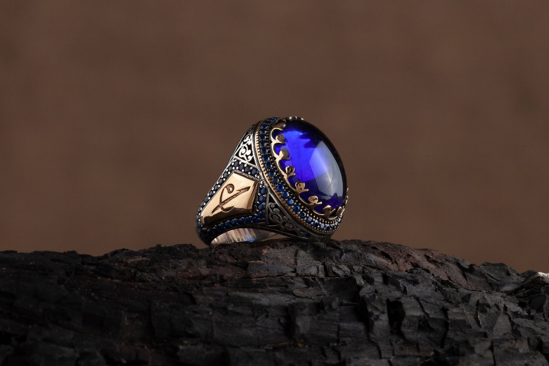 Mens Navy Blue Amber Silver Ring