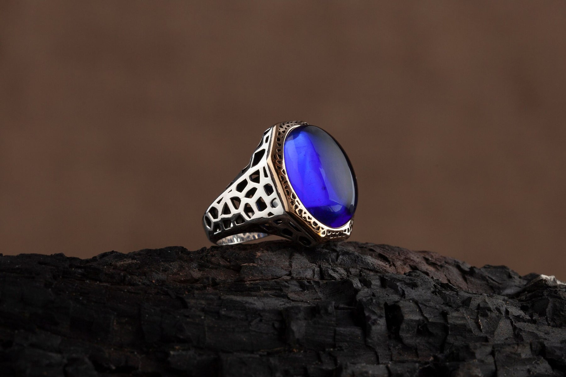 Mens Blue Amber Silver Ring