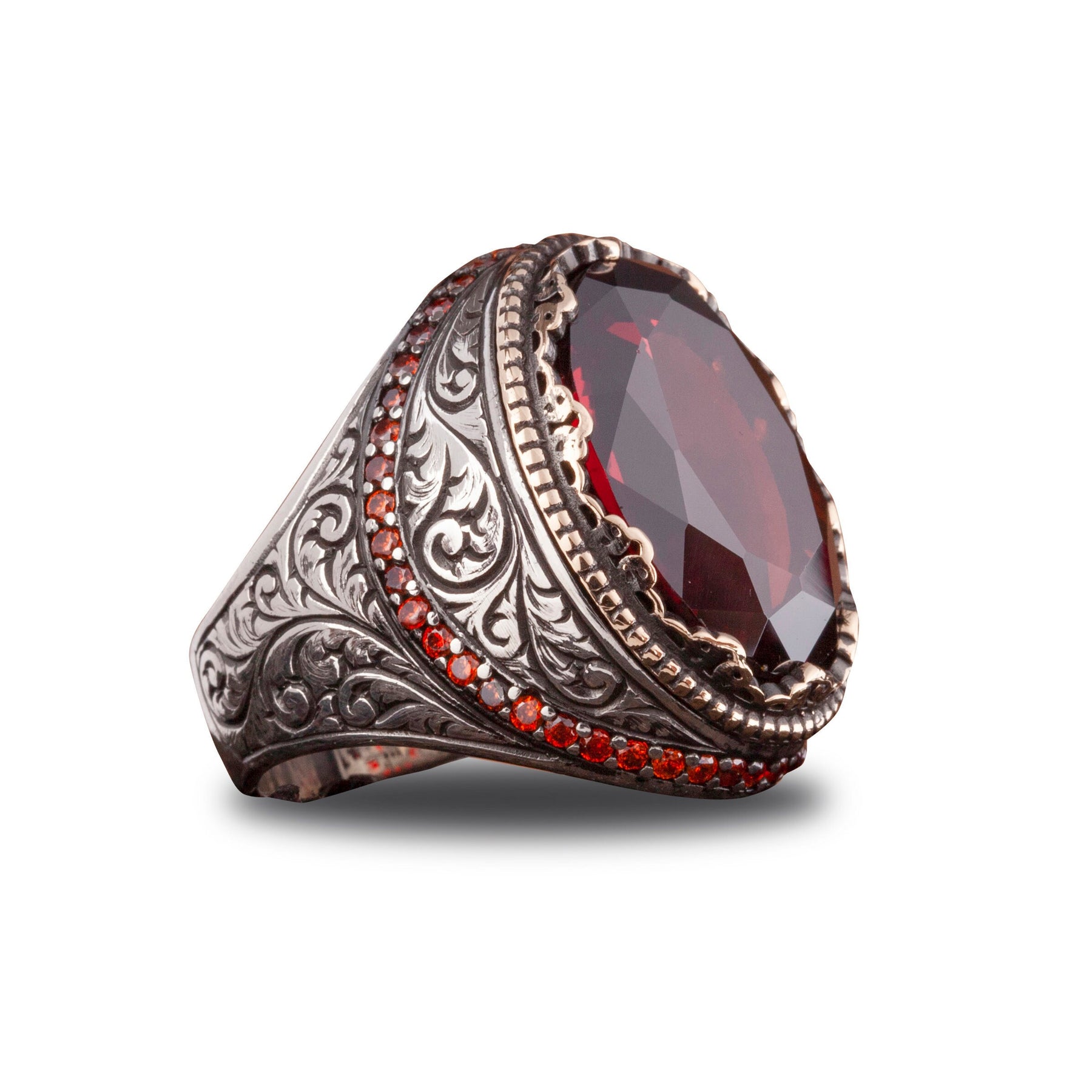 Mens Red Zircon Silver Ring