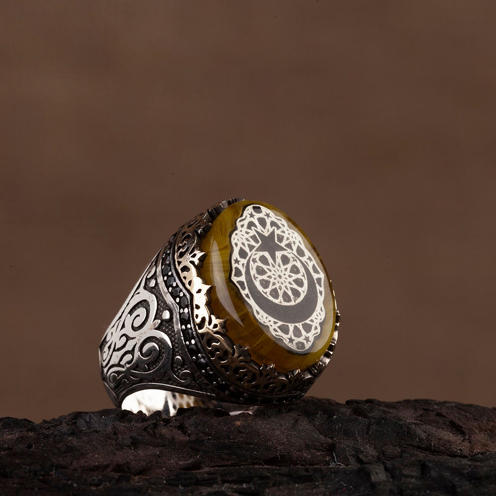 Star and Crescent Carved Yellow Amber Ring