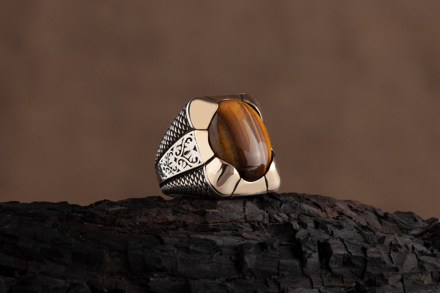 Mens Tigereye Gemstone Engraved Silver Ring