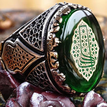 Görseli Galeri görüntüleyiciye yükleyin, Mawlawi Turban Figured Green Amber Silver Ring
