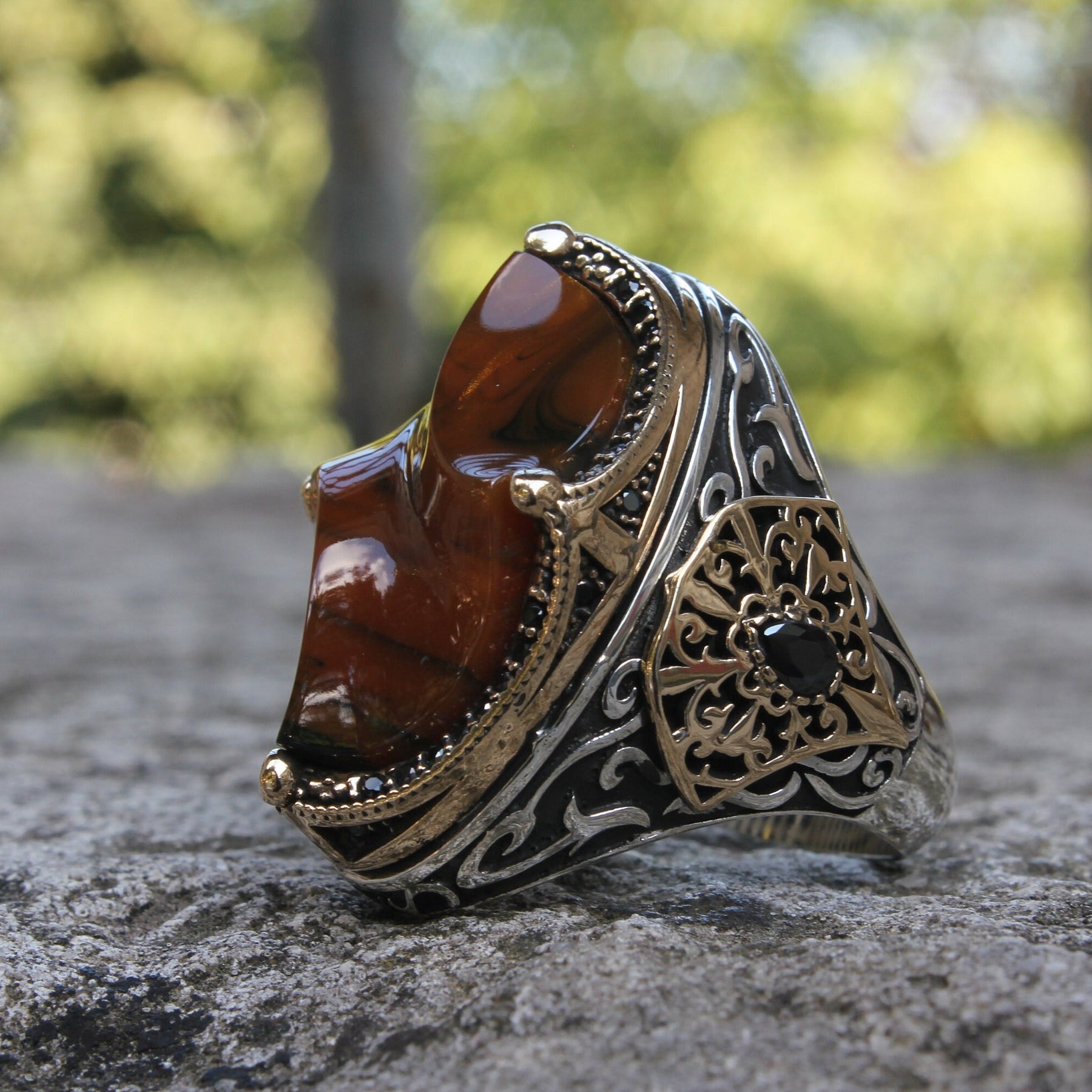 Orange Amber Gemstone Silver Ring