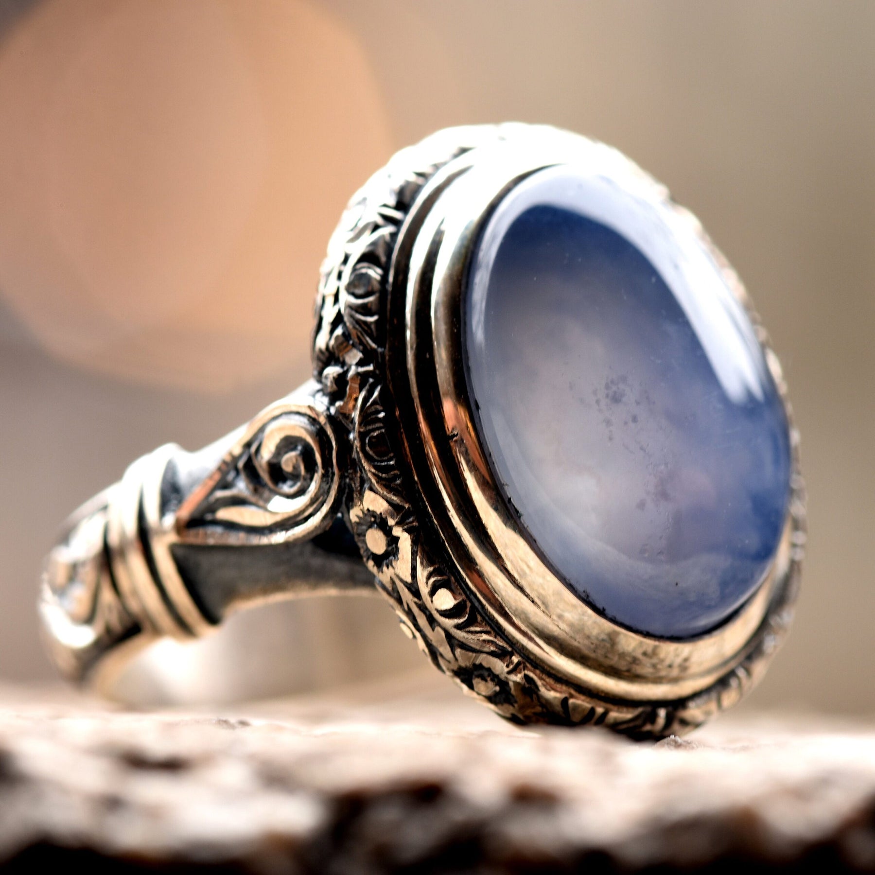 Unique Engraved Blue Agate Silver Ring