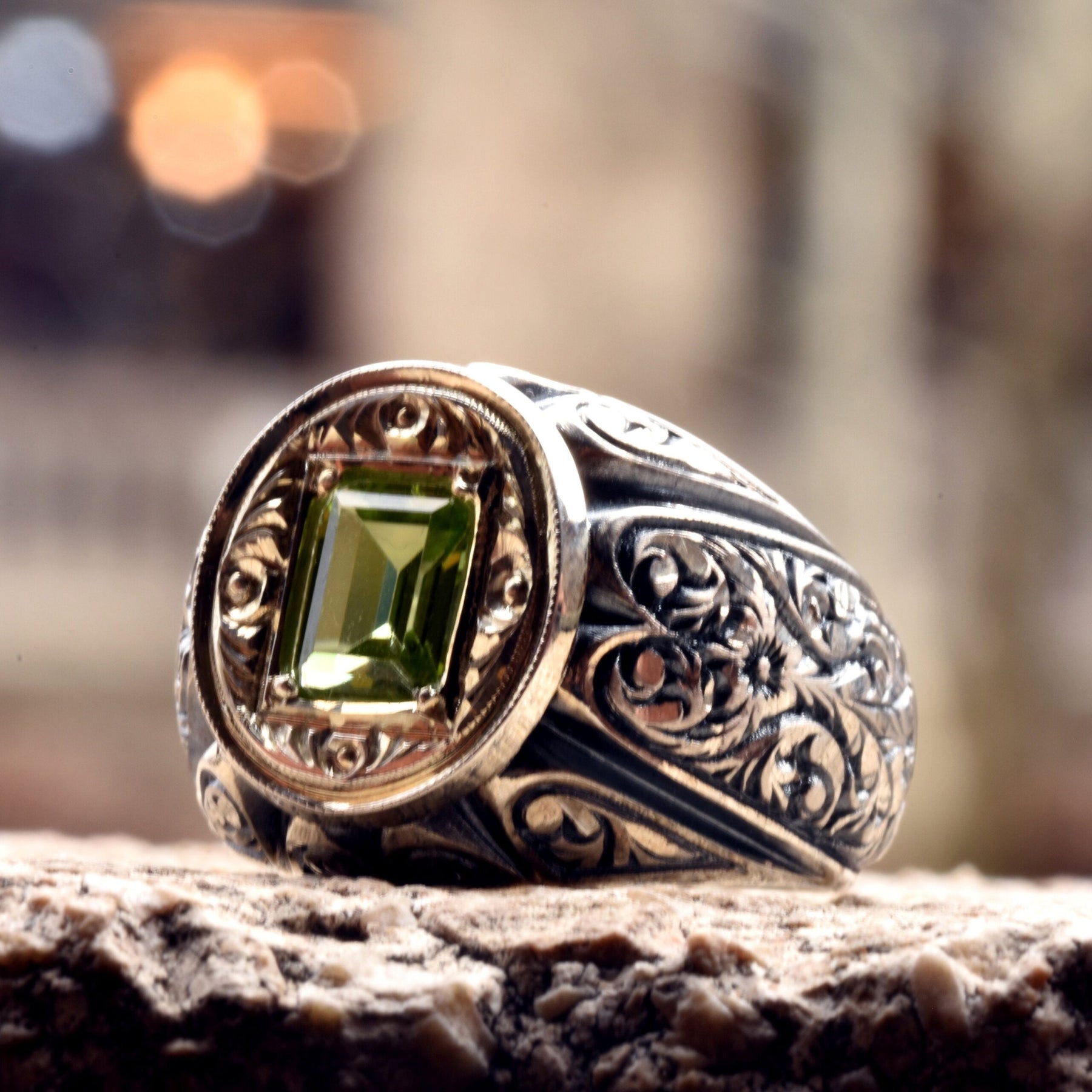 Peridot Gemstone Sterling Silver Ring Men