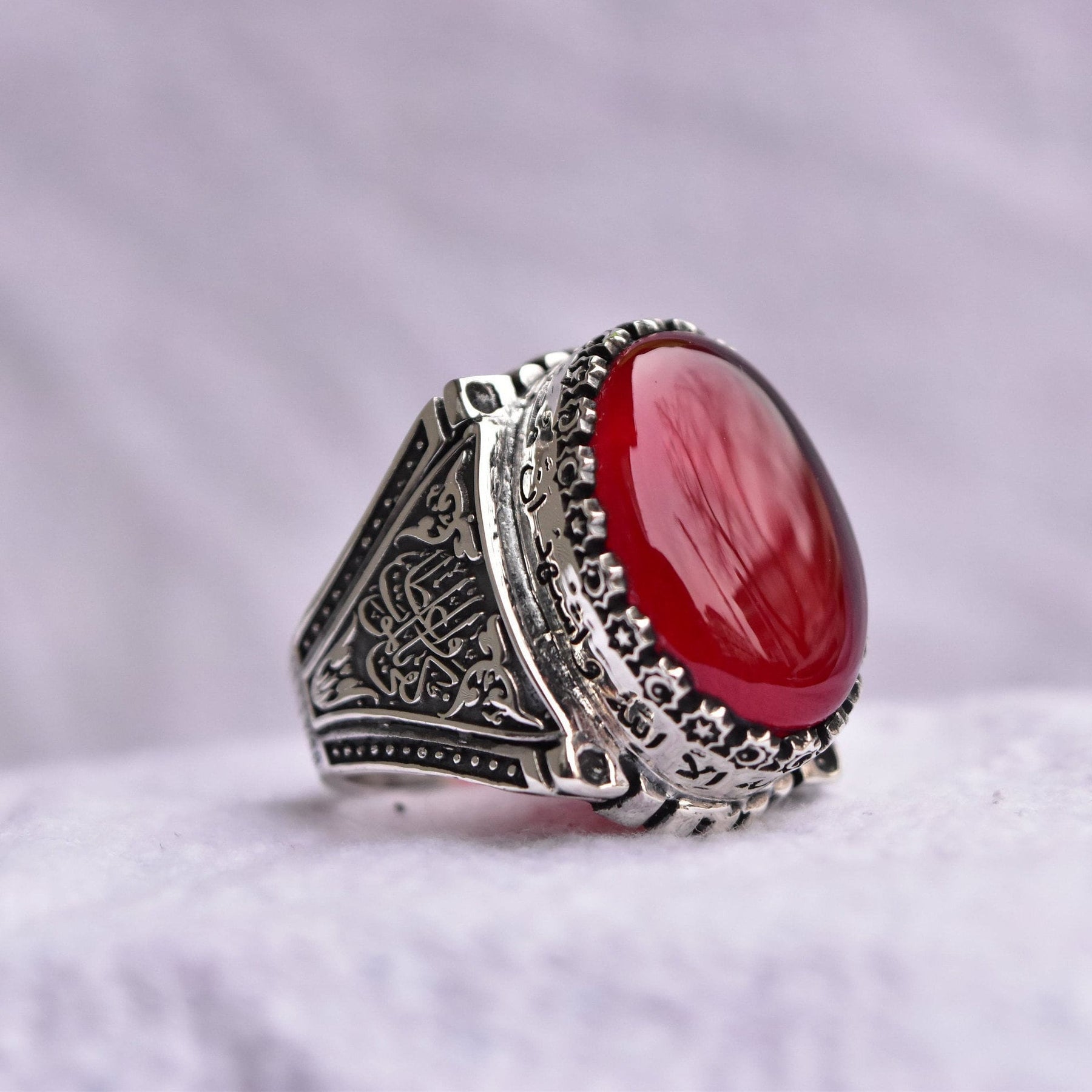 Engraved Red Amber Ring