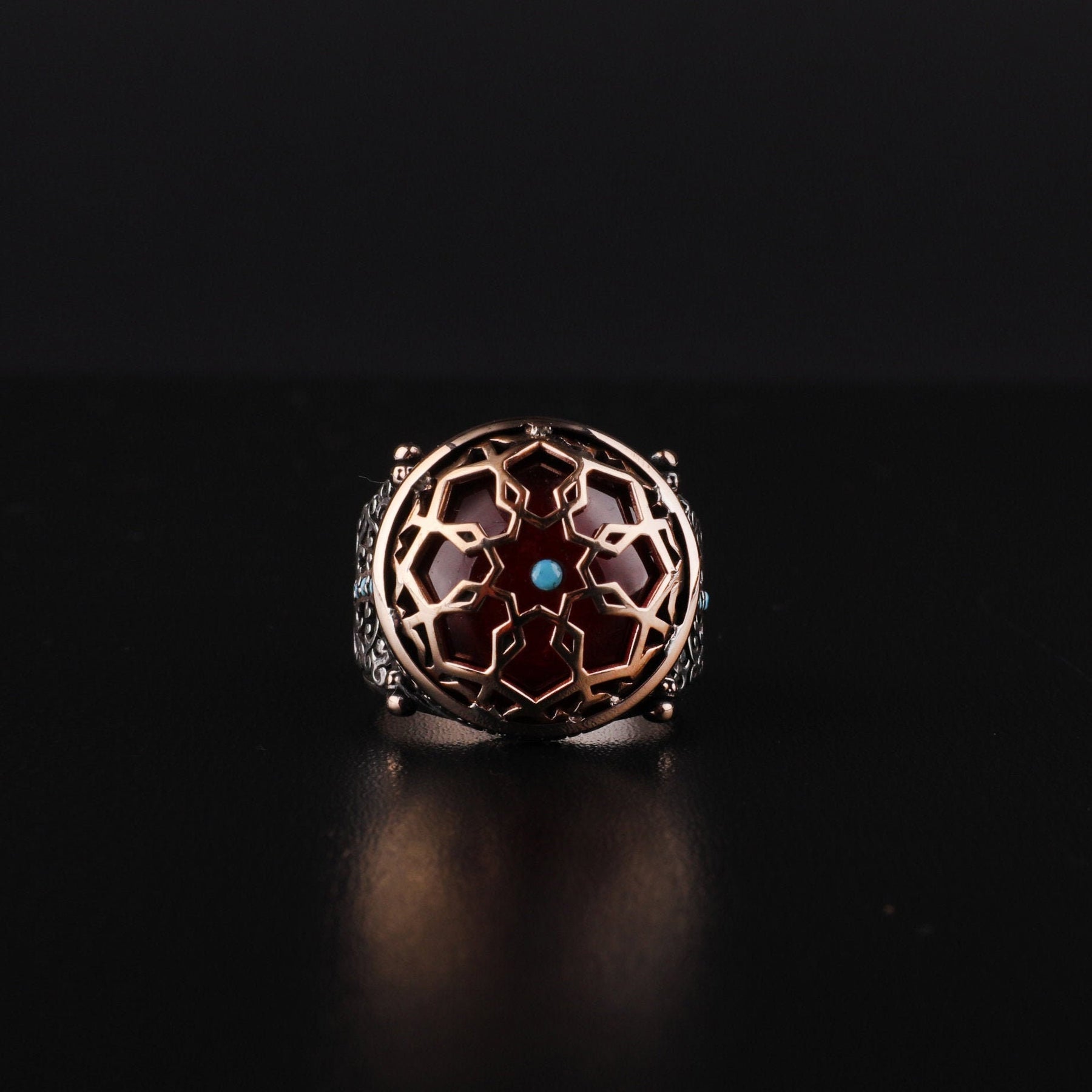 Round Red Amber Silver Ring For Men