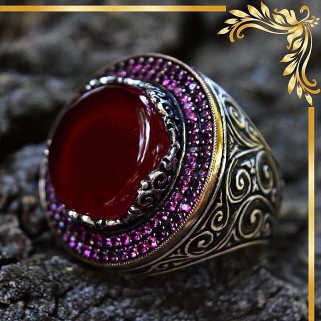 Red Amber Stone Silver Ring