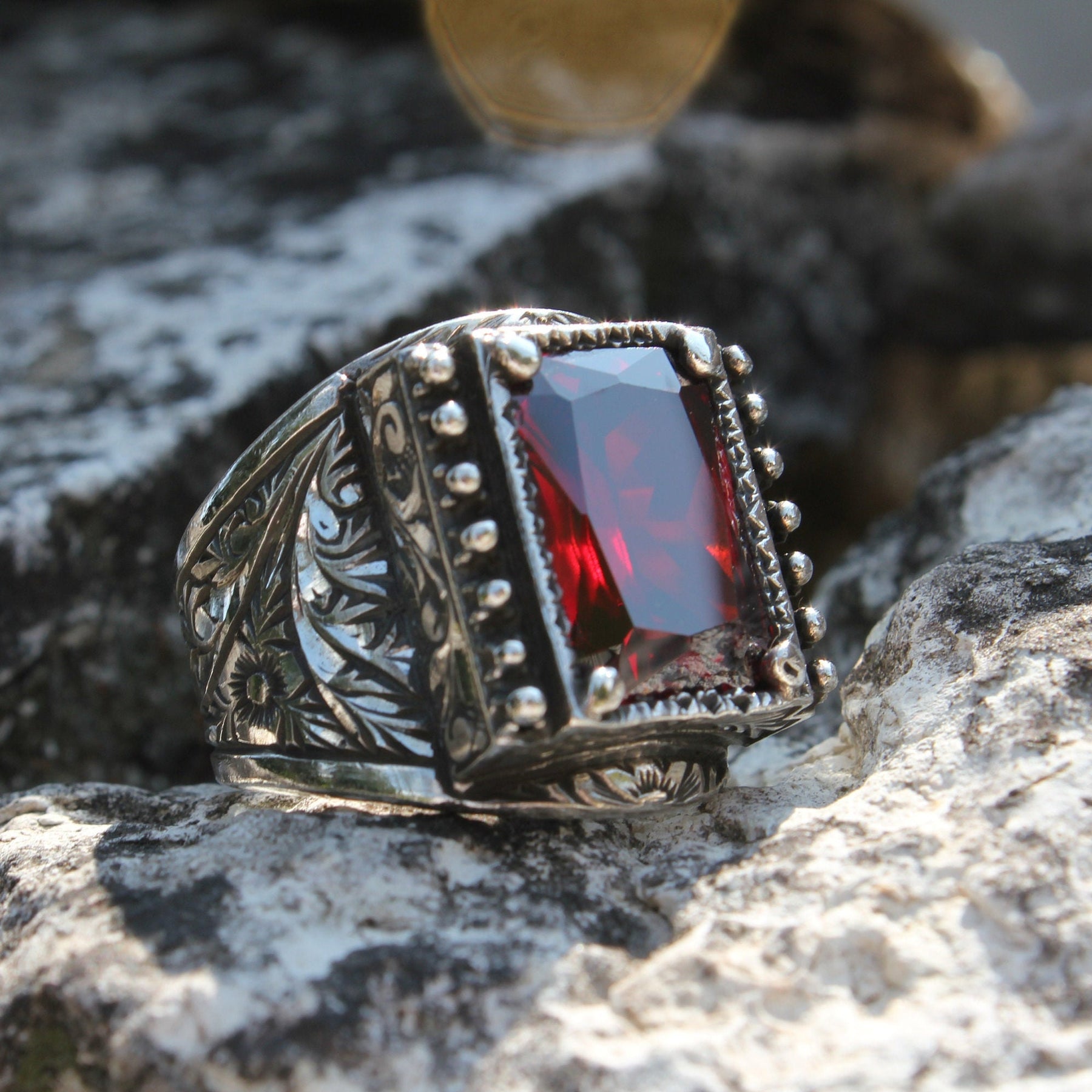 Hand Engraved Red Zircon Silver Ring