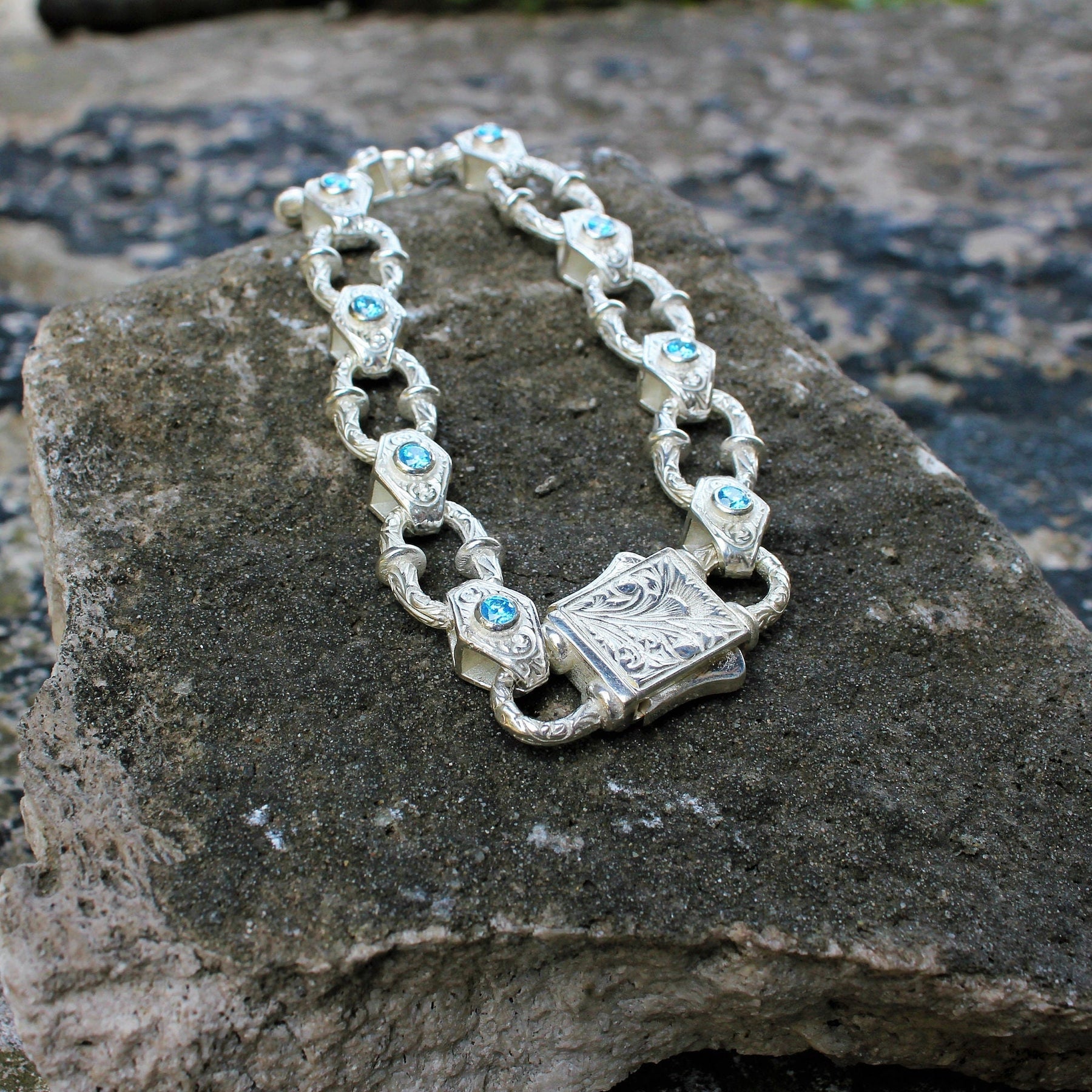 Aquamarine Gemstone Silver Chain Bracelet