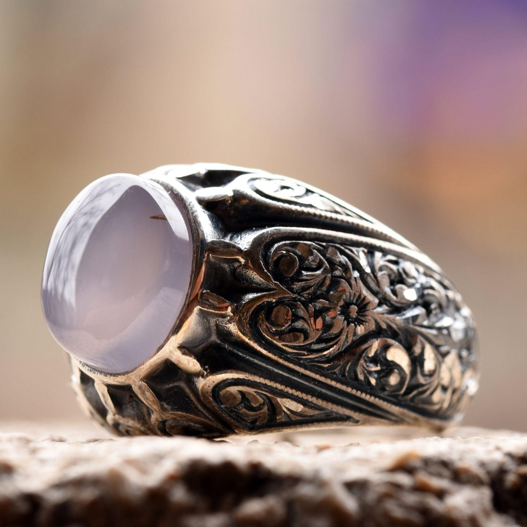 Engraved Blue Agate Sterling Silver Ring