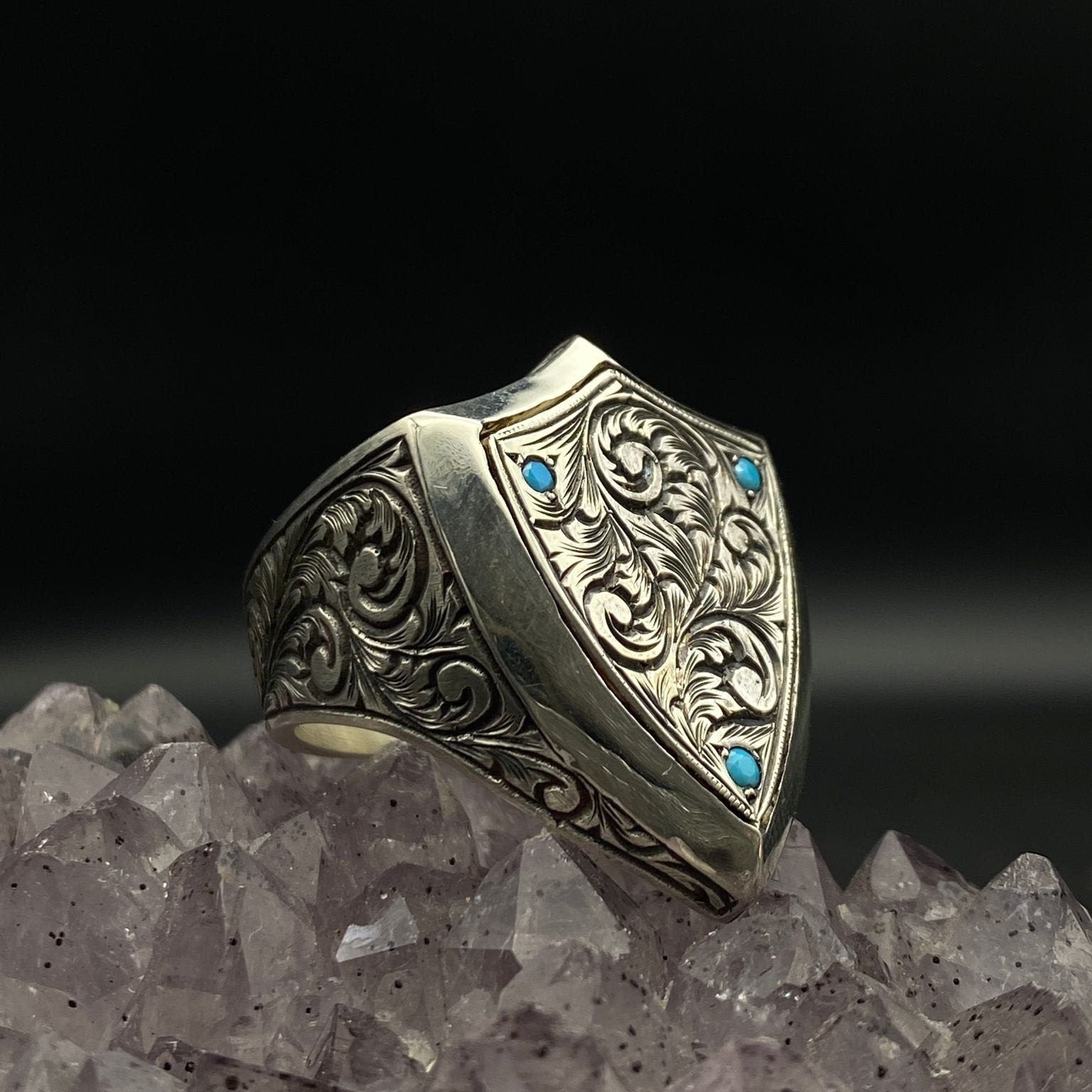 Baroque Style Turquoise Stoned Silver Ring