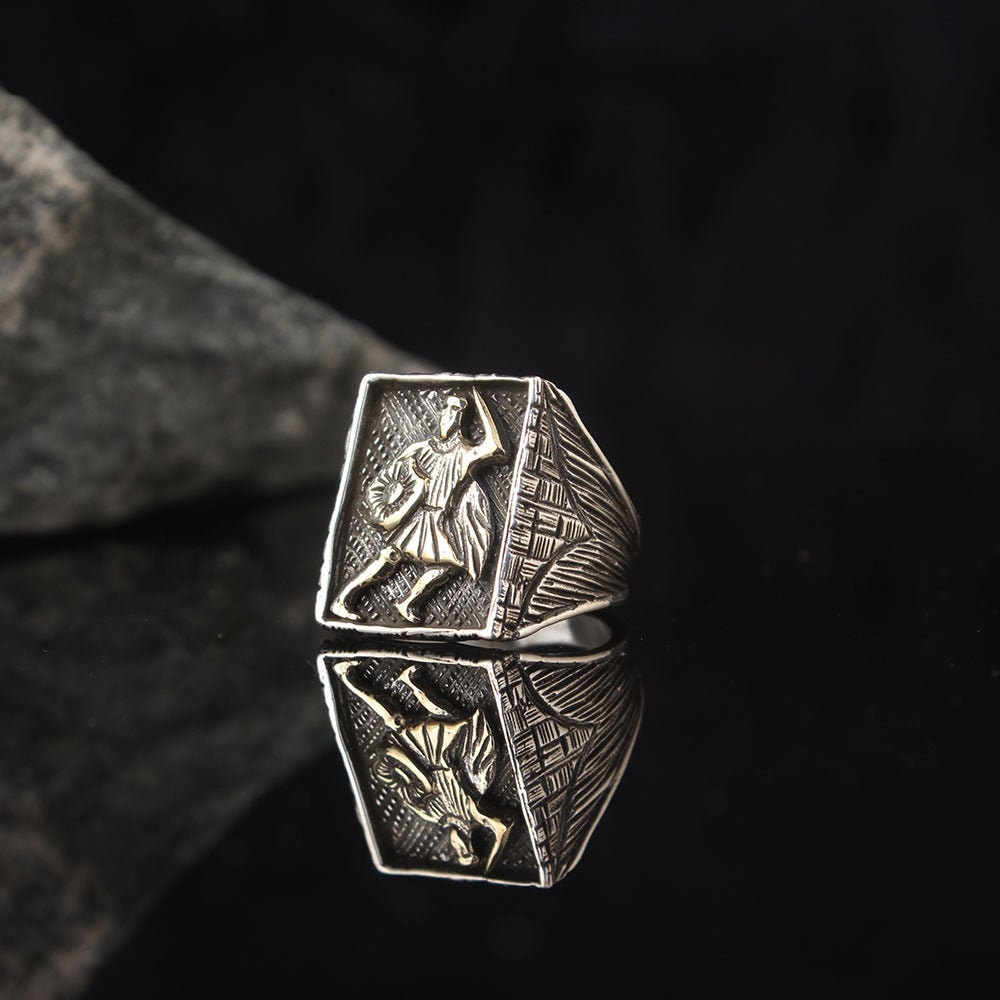 Ancient Warrior Engraved Silver Men Ring