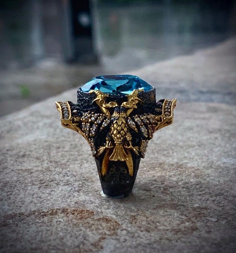 Double Headed Eagle Silver Aquamarine Ring