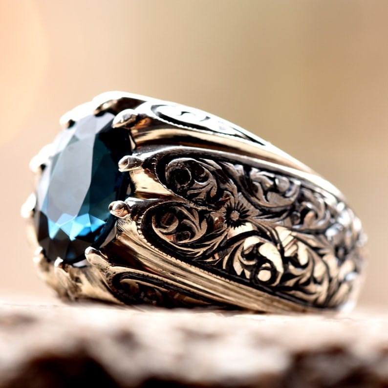 Engraved Blue Topaz Silver Ring