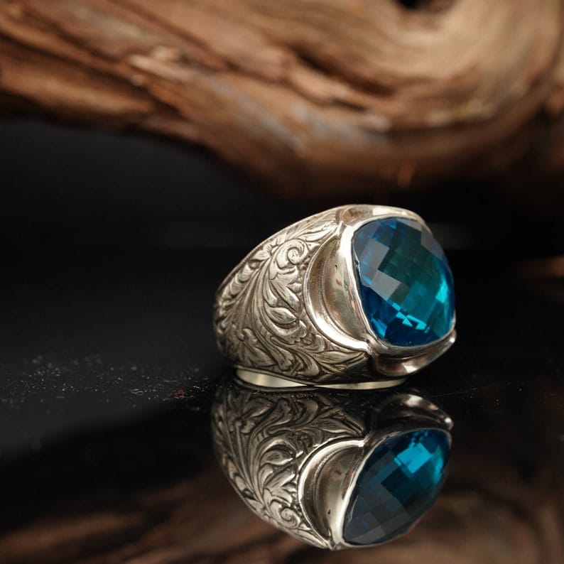 Engraved Blue Zircon Silver Ring