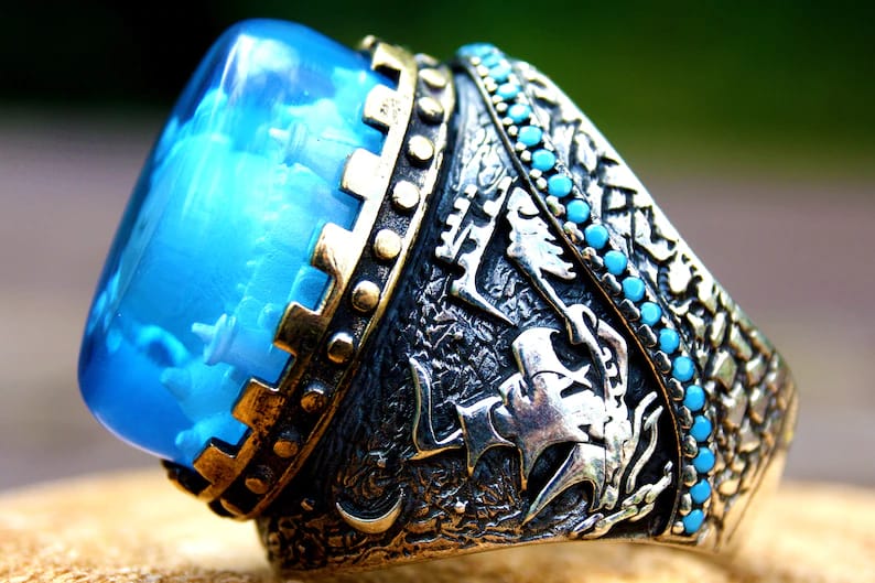 Hand Carved Silver Turquoise Ring