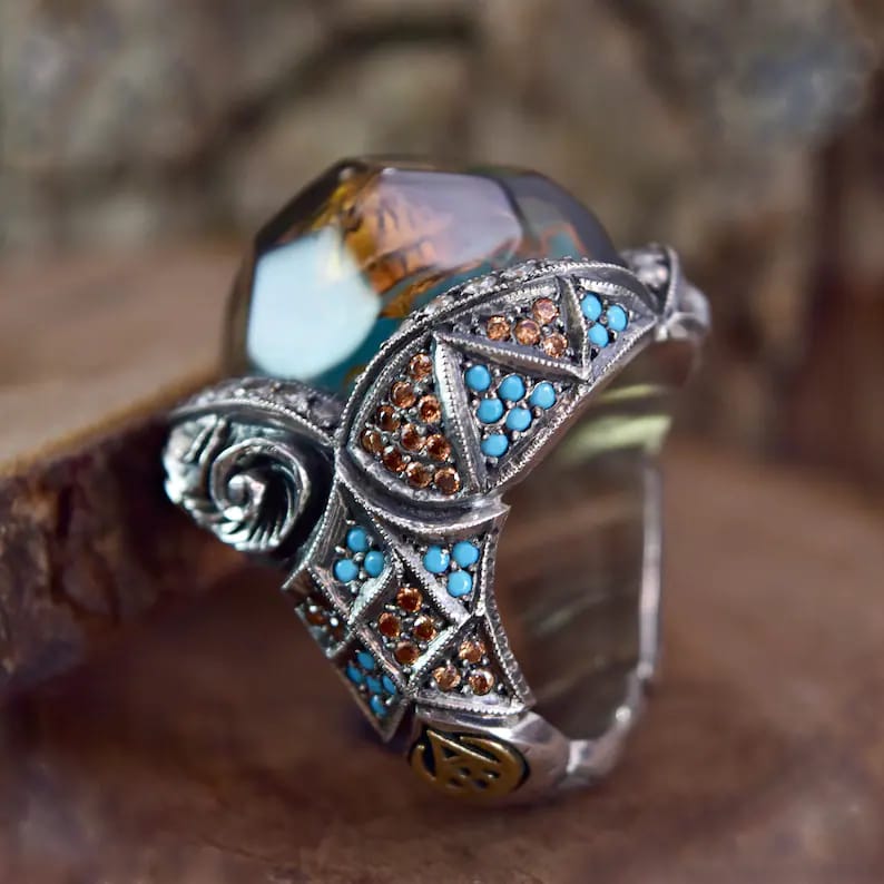 Elegant Hand Carved Multistone Silver Ring