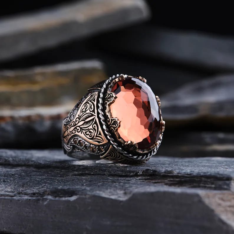 Handmade Oval Orange Zircon Ring Men