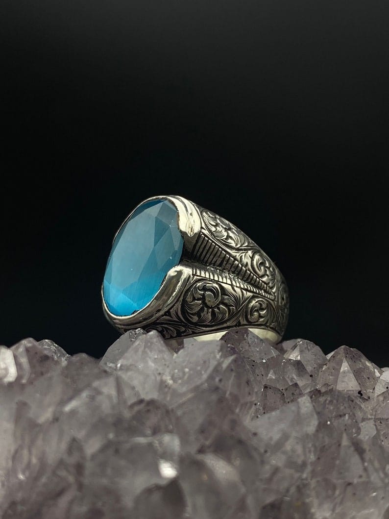 Engraved Blue Paraiba Tourmaline Silver Ring