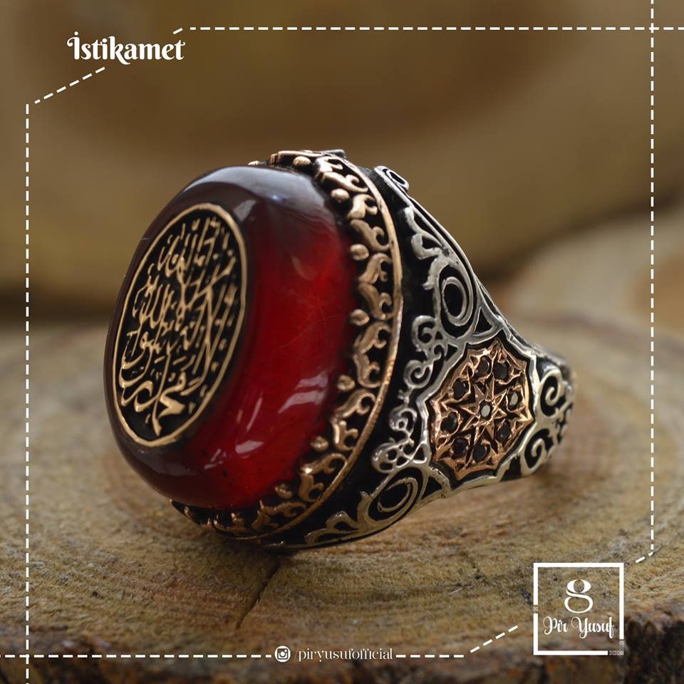 Calligraphy Red Amber Men Ring