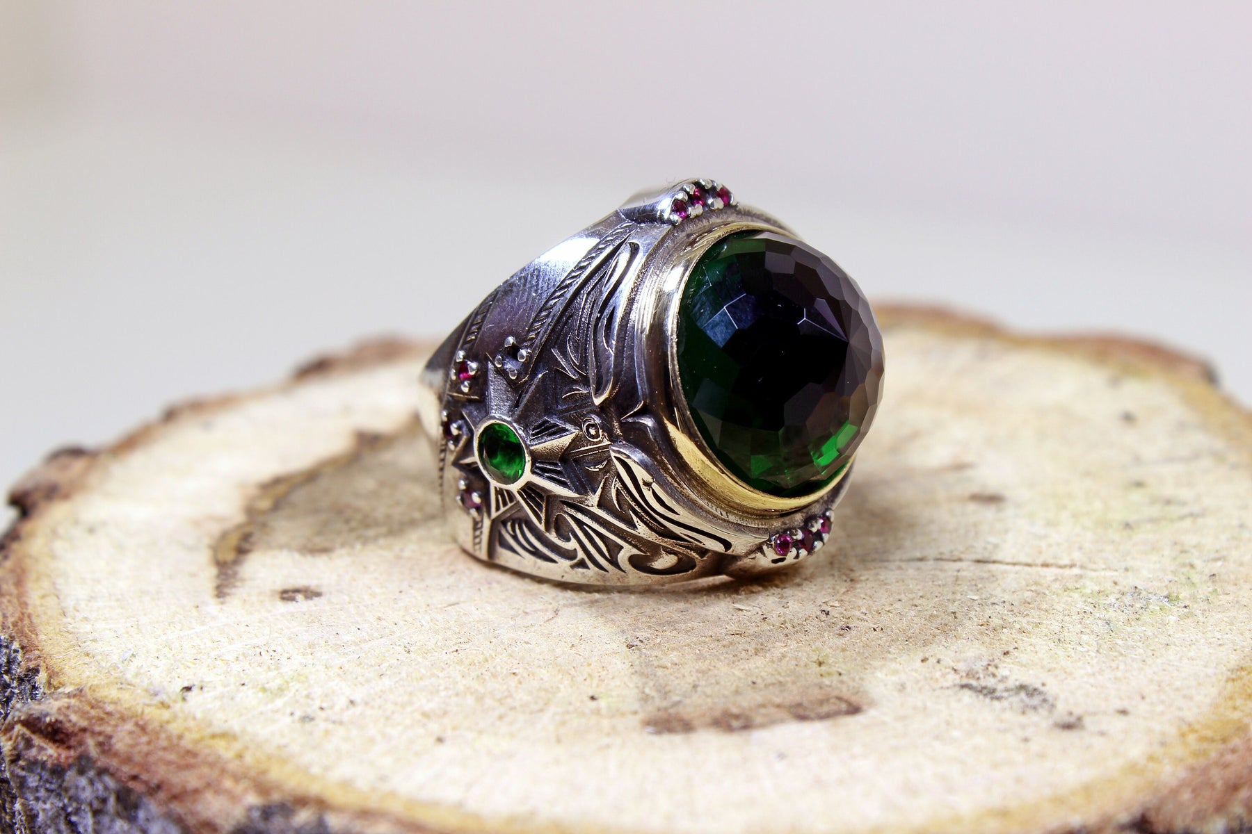 Green Amber Silver Ring