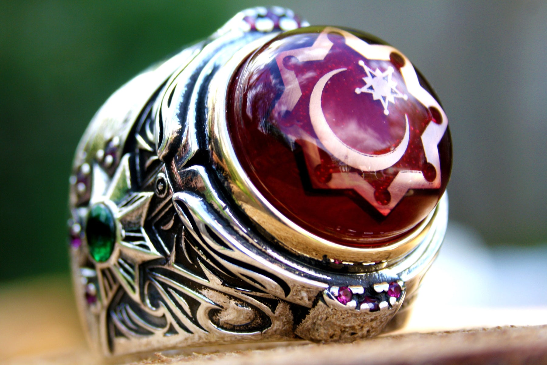 Red Amber Star and Crescent Ring