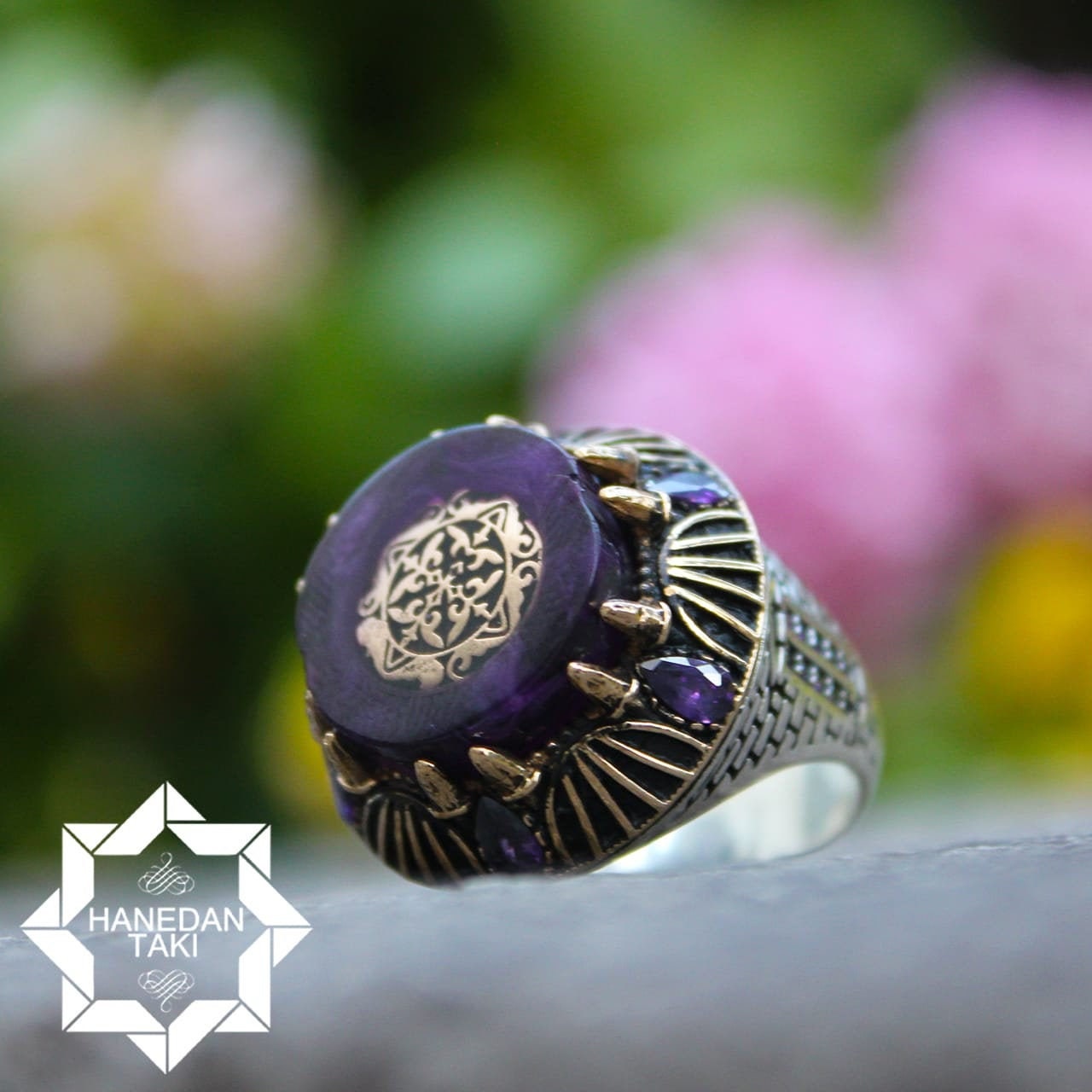 Purple Amber Stone Silver Ring