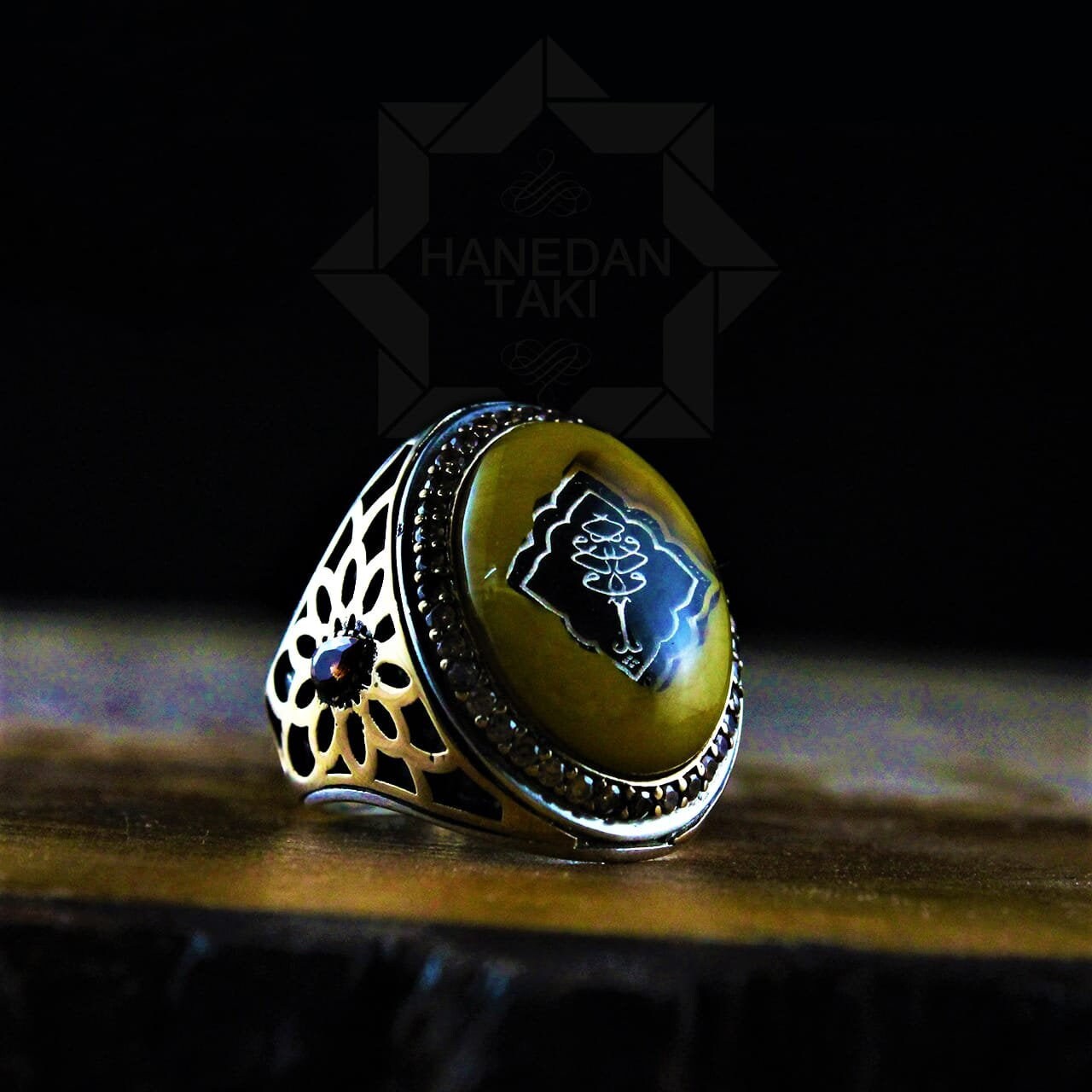 Yellow Amber Stone Calligraphy Silver Ring