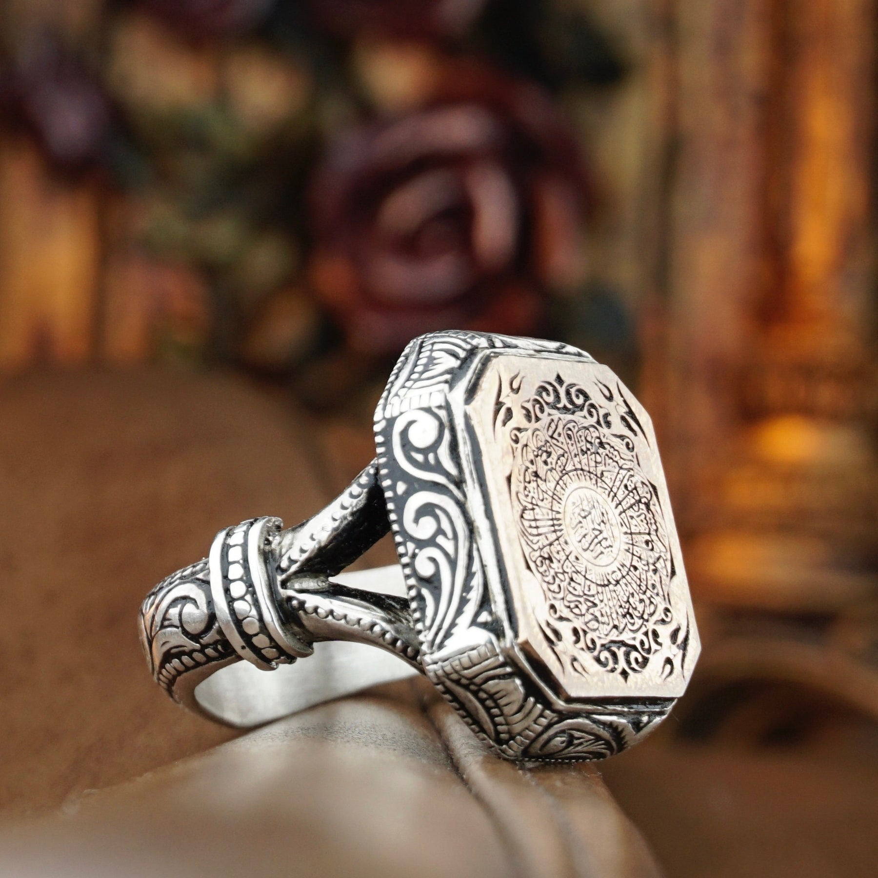 Hexagon Seal Historic Silver Mens Ring