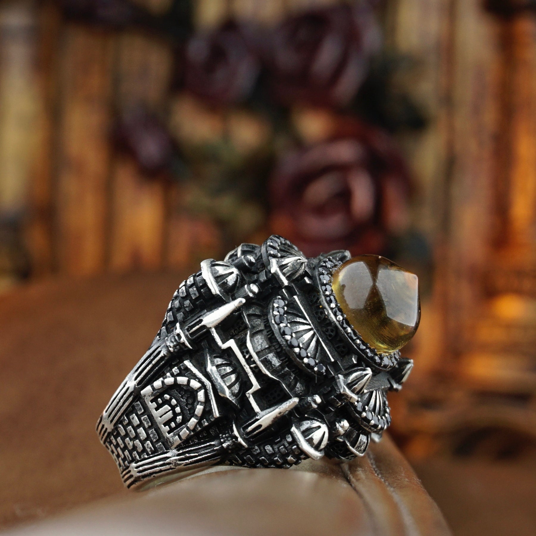 Yellow Amber and Mosque Silver Ring