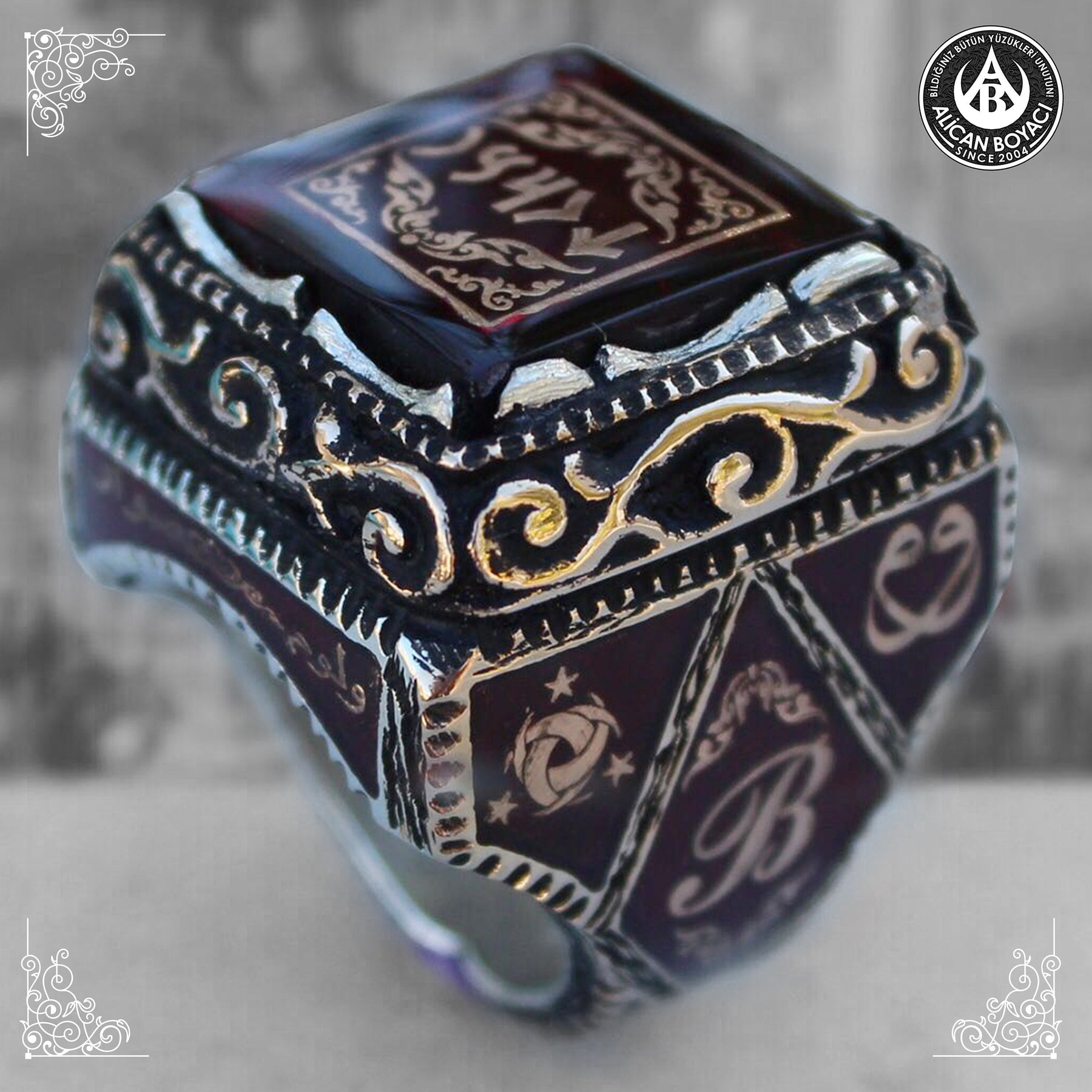 Black Amber Calligraphy Ring