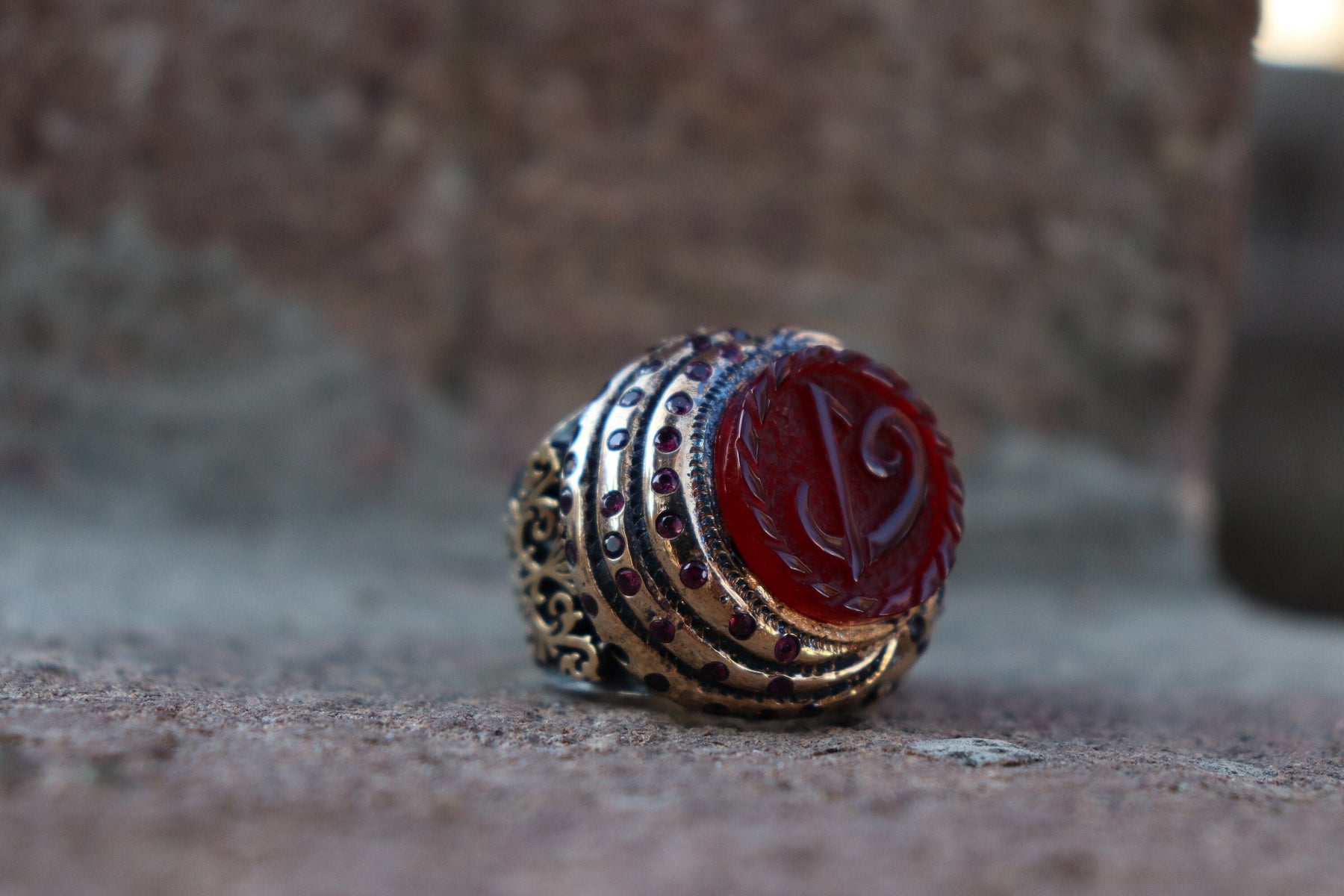 Red Amber Calligraphy Silver Ring