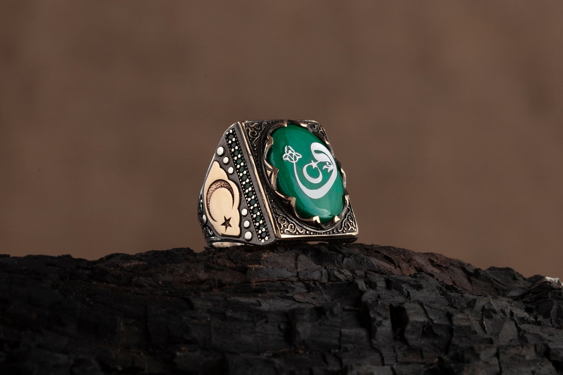 Green Amber Arabic Letter Silver Ring