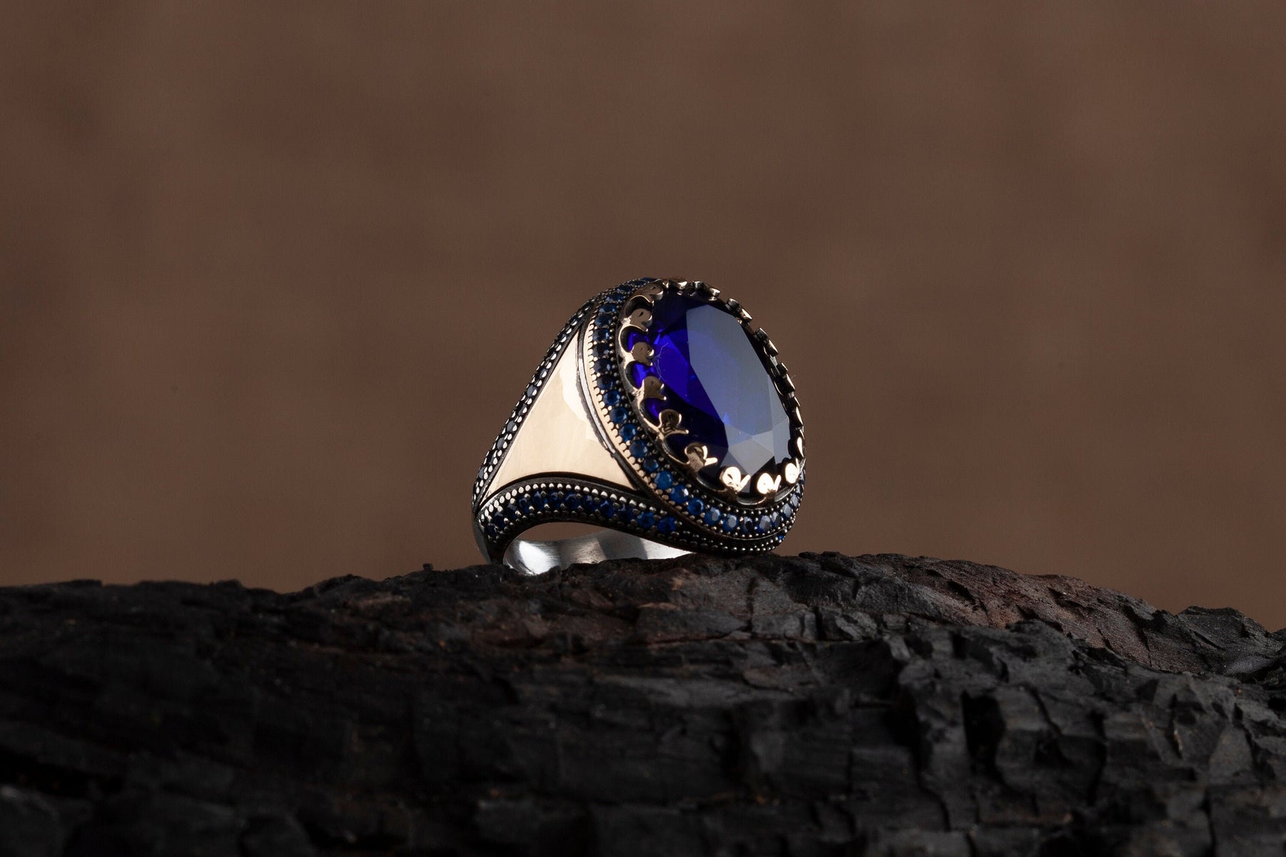 Customizable Mens Blue Silver Ring