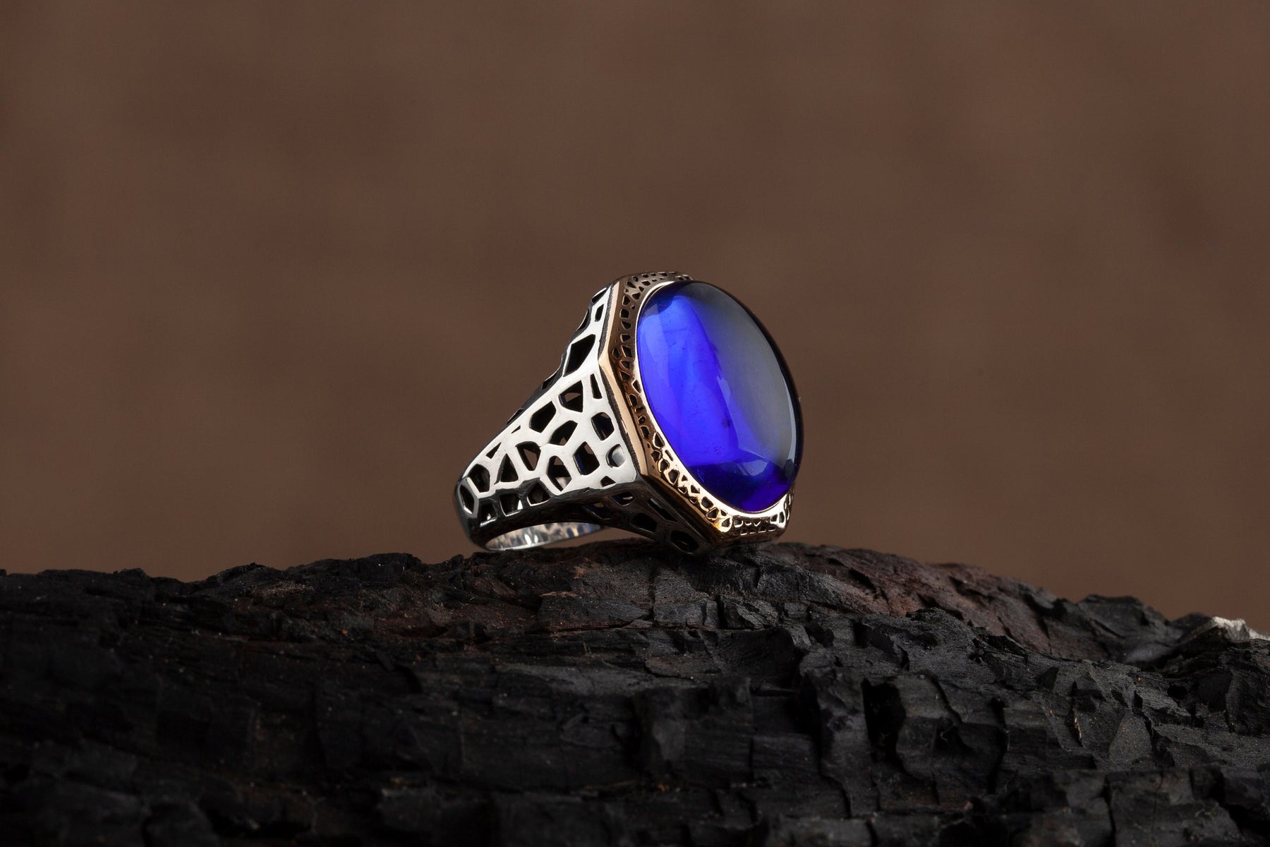 Blue Amber Stone Silver Ring