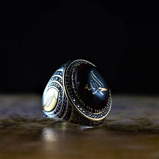 Calligraphy Blue Amber Silver Ring