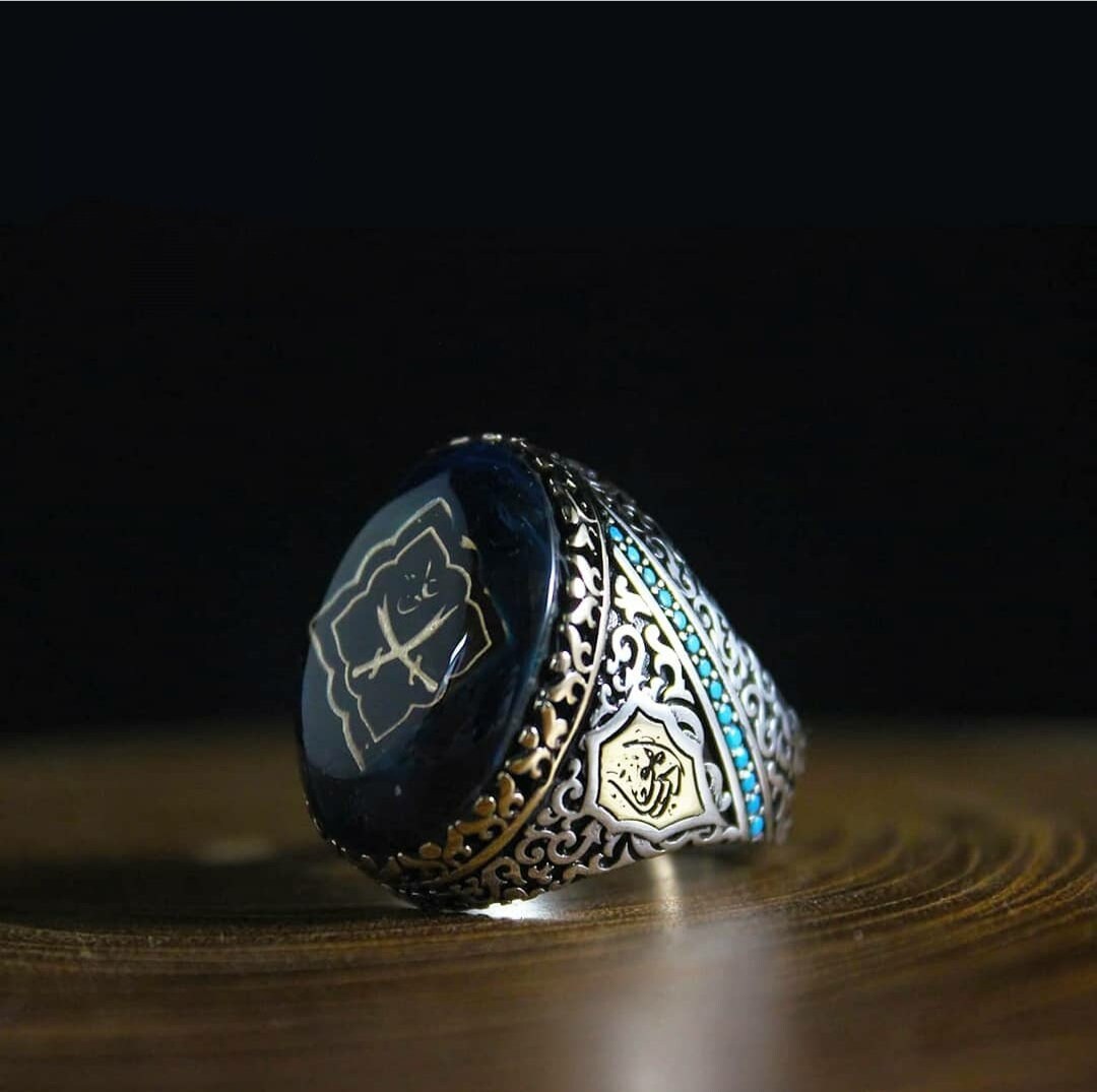 Blue Amber Sword Silver Ring