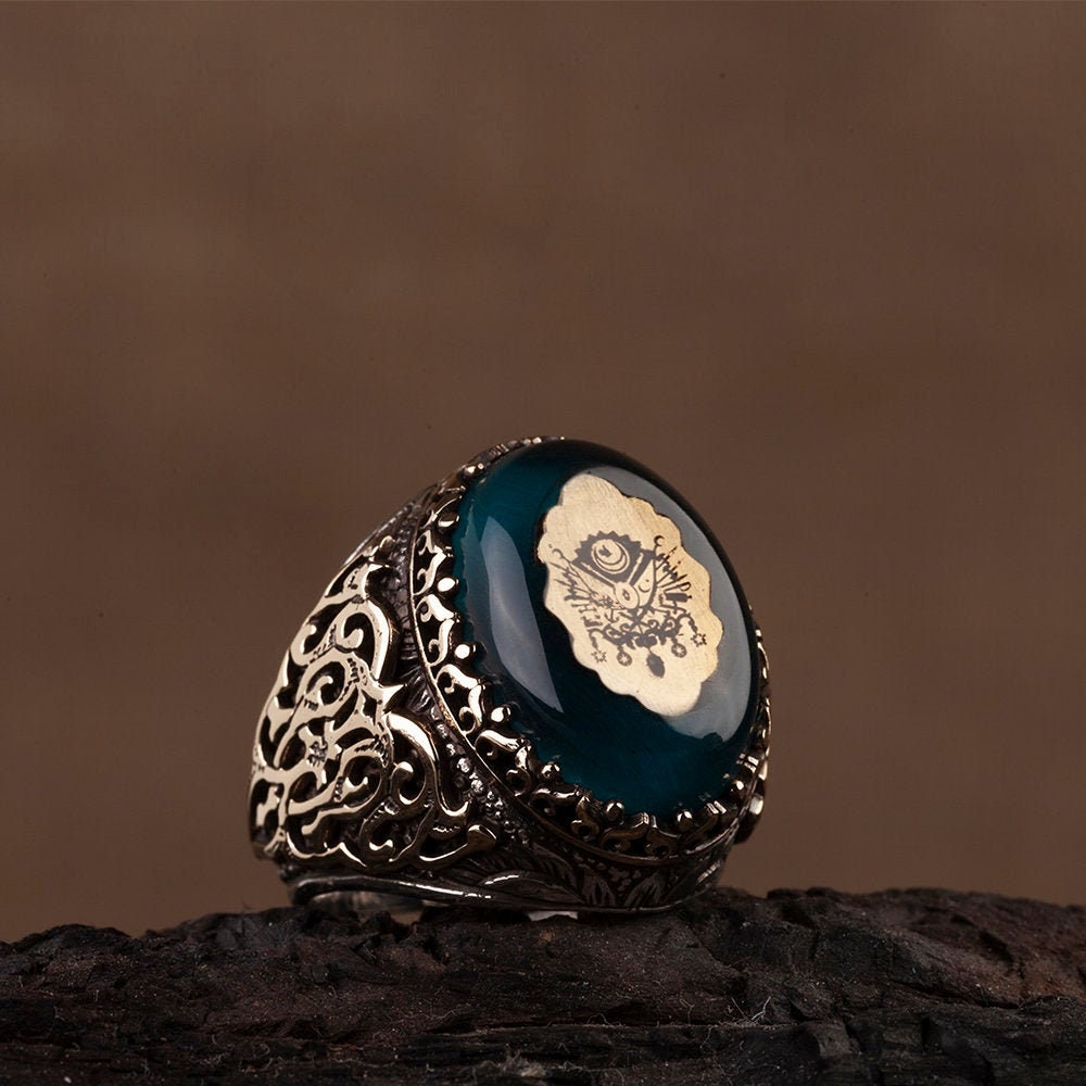 Blue Amber Ottoman Silver Ring