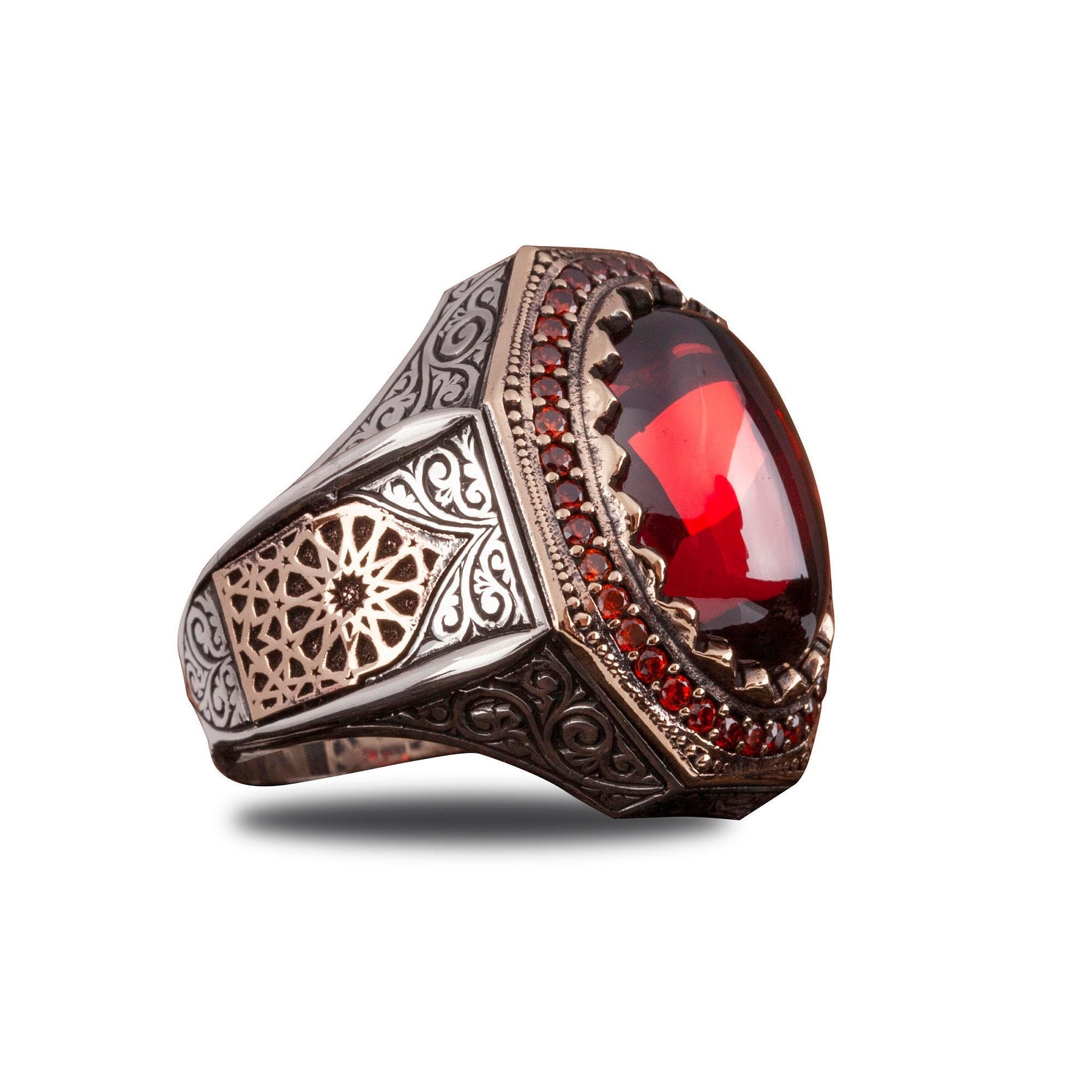 Silver Round Ring with Red Zircon Stone