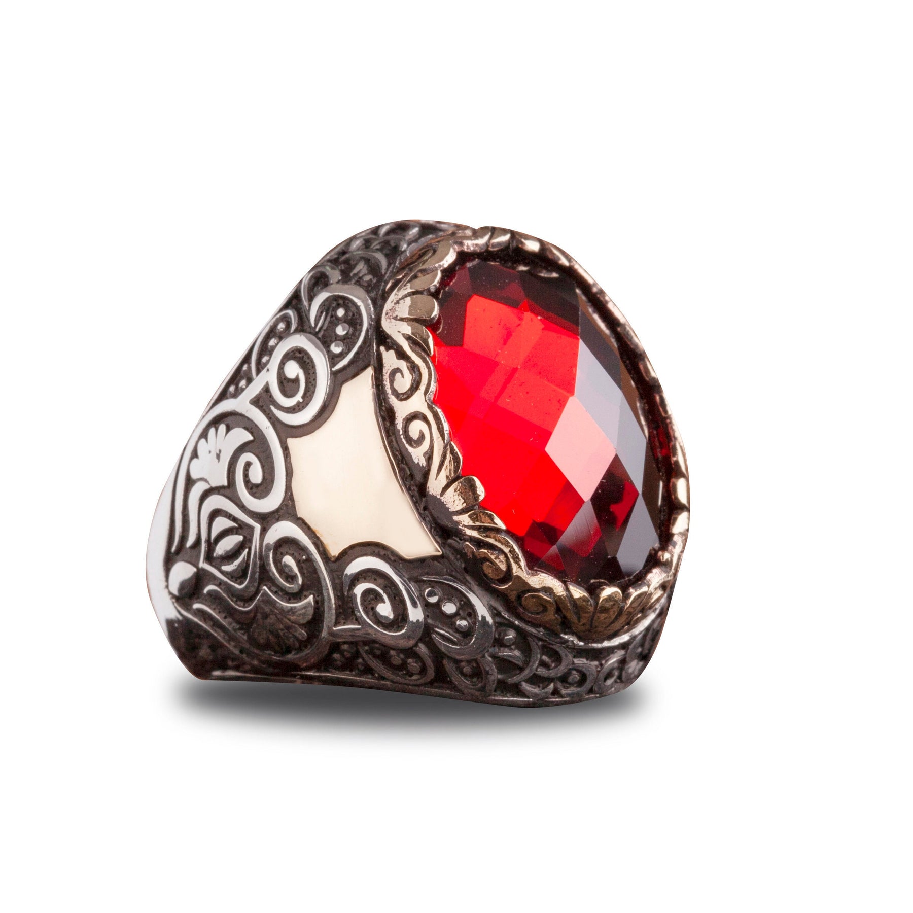 Customizable Mens Red Zircon Silver Ring