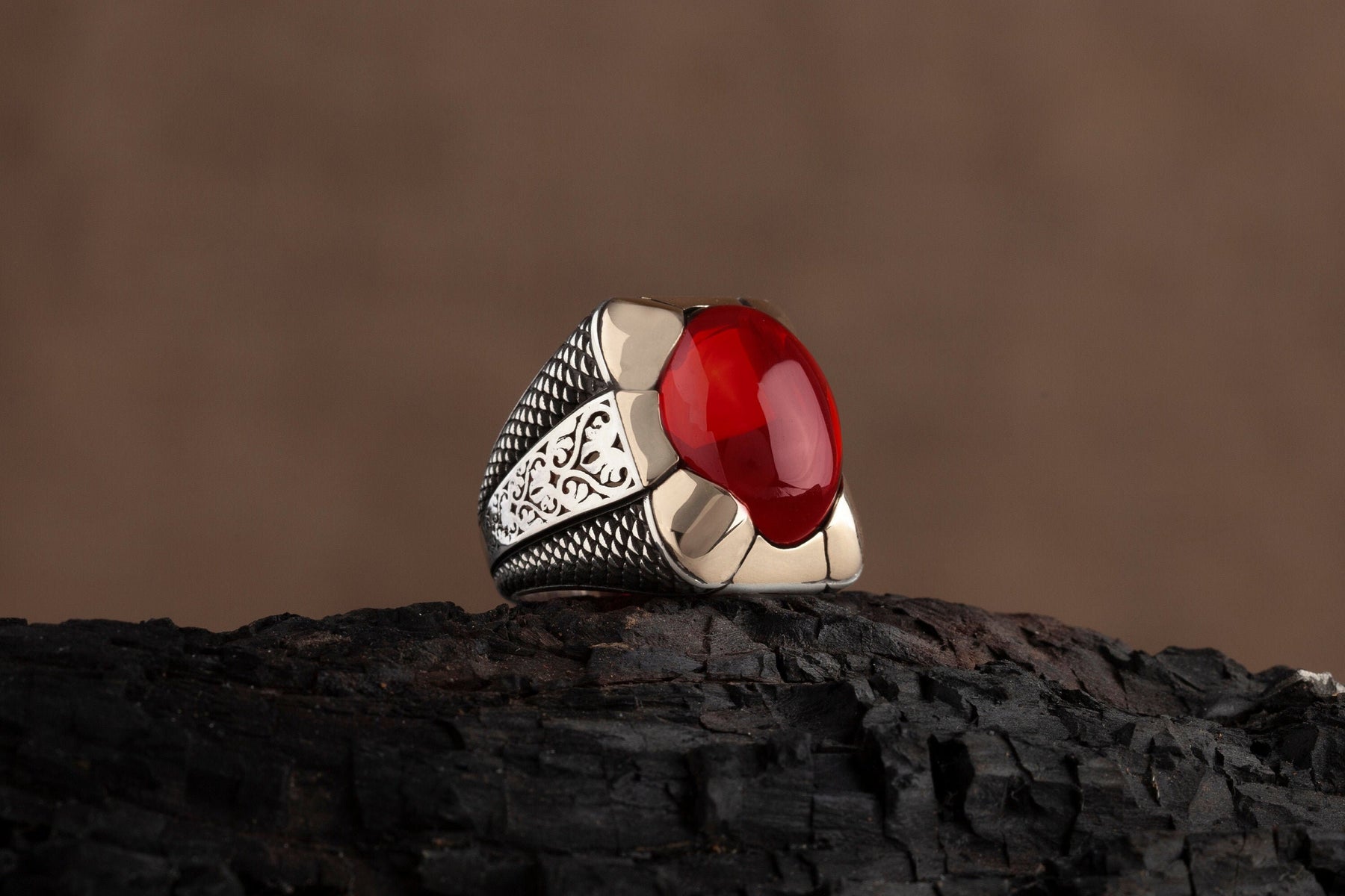 Special Design Red Amber Silver Ring