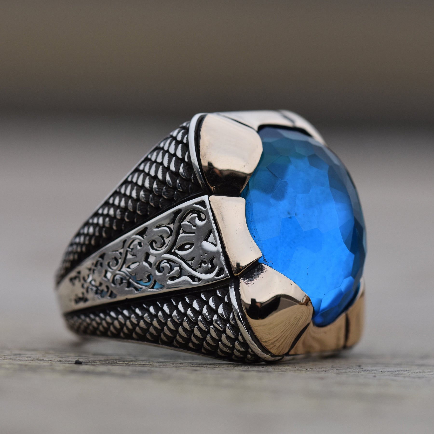 Simple Large Blue Zircon Silver Ring