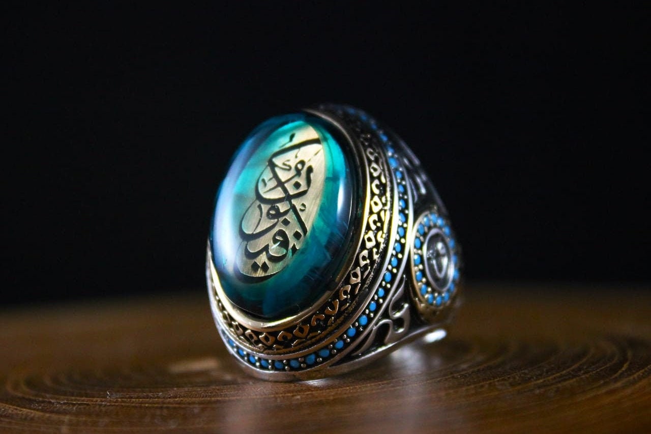 Blue Amber Calligraphy Ring Men