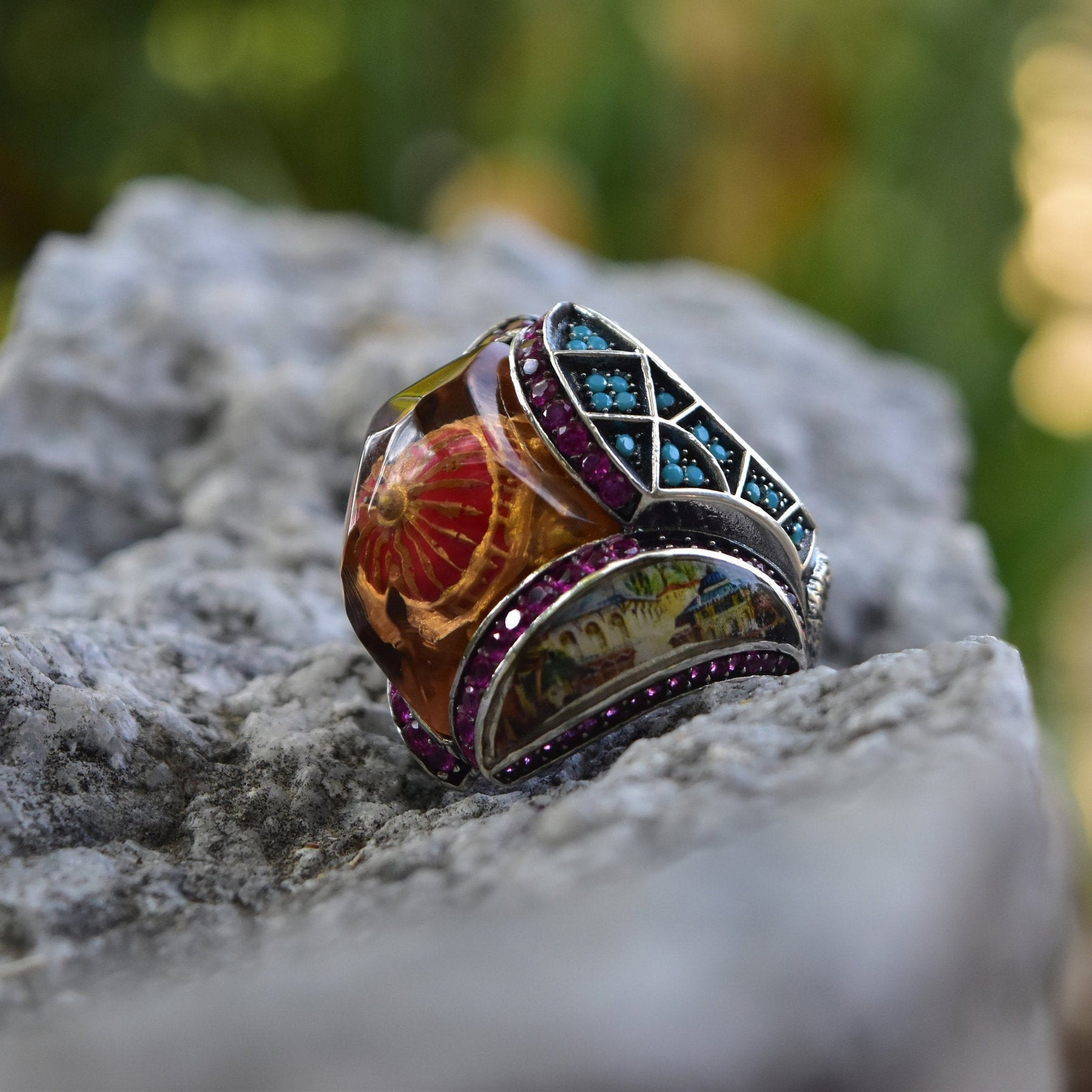 Handcarved Turquoise Gemstone Ring Men