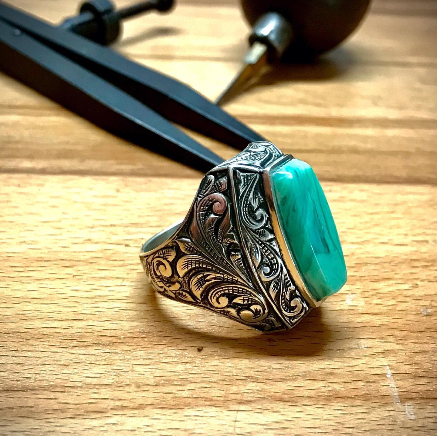 Engraved Green Amber Silver Ring