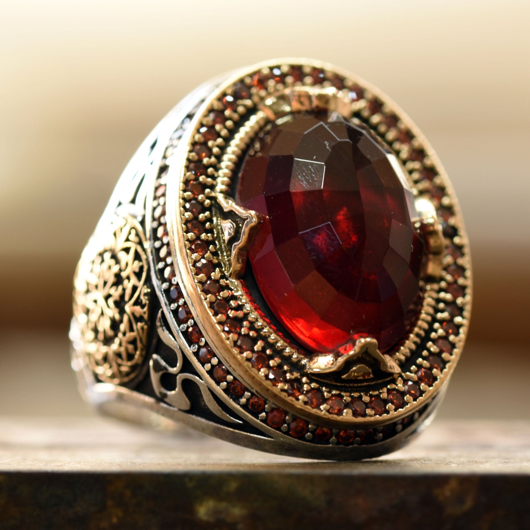 Engraved Classy Red Stone Ring for Men