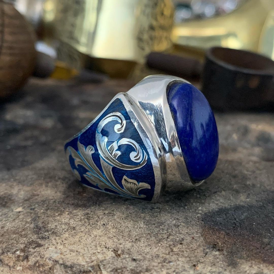 Enamel Lapis Lazuli Gemstone Silver Ring Men