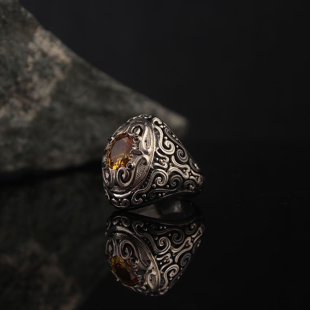 Yellow Zircon Stone Silver Ring Men